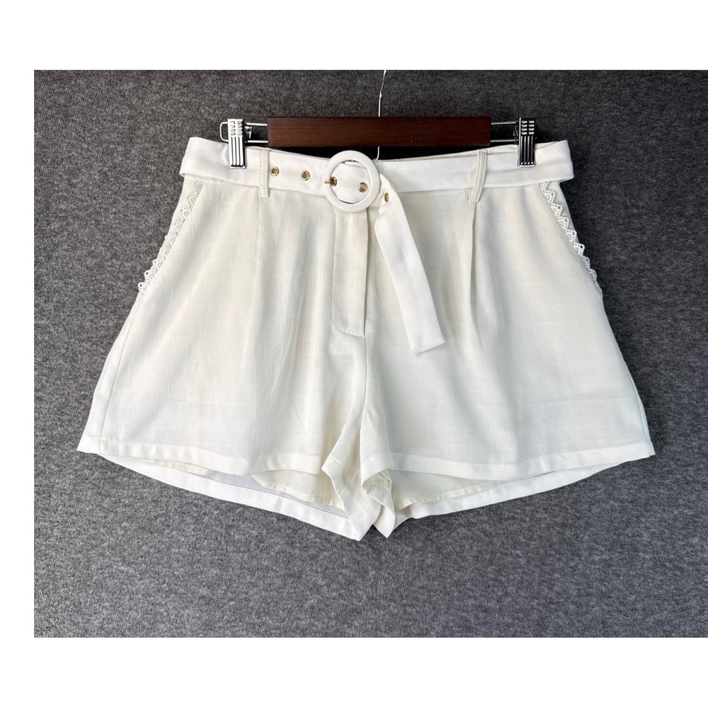 Seven Wonders Off White High Waisted Belted Shorts Lace Trim Pleated Size M US 6